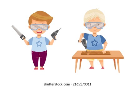Cute boys doing carpentry work. Kids drilling at craft lesson cartoon vector illustration