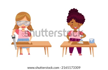 Cute boys doing carpentry work. Kids sawing and painting at craft lesson cartoon vector illustration