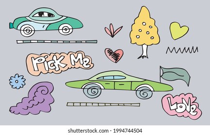 cute boys doodle drawing with car, truck, trees and pick me text.