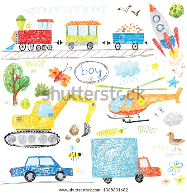 cute boys doodle drawing with train, car,\
truck, helicopter, rocket and\
excavator