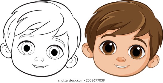 Cute boy's face in color and outline
