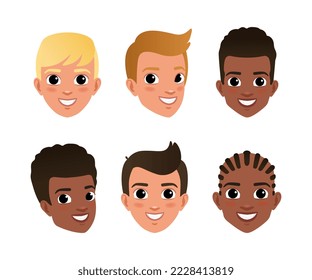 Cute boys faces set. Smiling boys characters constructor for animation cartoon vector illustration