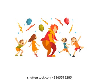 Cute Boys and Girl Celebrating Kids Party, Happy Children Having Fun with Clown at Birthday, Carnival Party or Circus Performance Vector Illustration