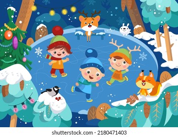 Cute boys and girl go ice skating in winter. Animal in forest. Winter scene in cartoon style. Vector illustration for books, puzzles. 