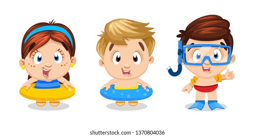 Cute boys and girl standing with swim outfits: inflatable rings, flippers, goggles, snorkel . Little children are ready to learn to swimming. Concept of lessons, training in pool. Cartoon vector.