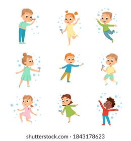 Cute Boys and Girls Blowing Soap Bubbles Set, Adorable Children Having Fun with Soap Bubbles, Kids Leisure, Hobby Game Cartoon Style Vector Illustration