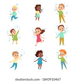 Cute Boys and Girls Blowing Soap Bubbles Set, Adorable Children Having Fun with Soap Bubbles Cartoon Style Vector Illustration