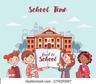 Cute boys and girls with books. Back to school vector concept