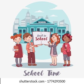 Cute boys and girls with books. Back to school vector concept