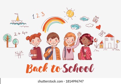 Cute boys and girls with books. Back to school vector concept
