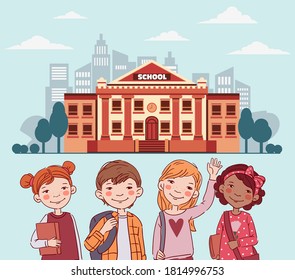 Cute boys and girls with books. Back to school vector concept
