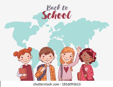 Cute boys and girls with books. Back to school vector concept