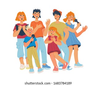 Cute boys and girls cartoon characters singing together. Children chorus performance, vocal classes or musical entertainment concept. Kids karaoke band banner. Flat vector illustration.