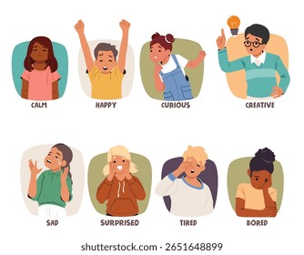 Meninos e meninas bonitos diferentes emoções e expressão, reações e sensações conjunto isolado. Calmo, feliz, curioso, criativo, triste, surpreso, cansado e entediado ilustração vetorial comportamento crianças