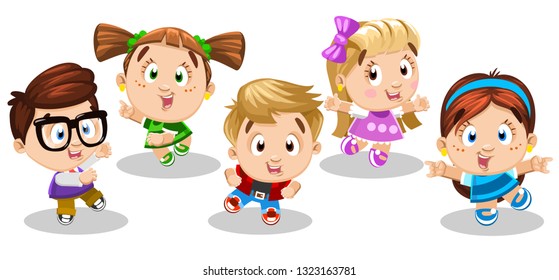 Cute boys and girls dancing, jumping, doing aerobics, moving the body, enjoying the rhythm. Cartoon set of joyful children isolated on white background. Concept of happy childhood.