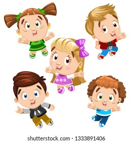 Cute boys and girls dancing, jumping up, running, skipping, doing aerobics, moving the body, enjoying the rhythm. Cartoon set of funny children isolated on white background. Concept of happy childhood