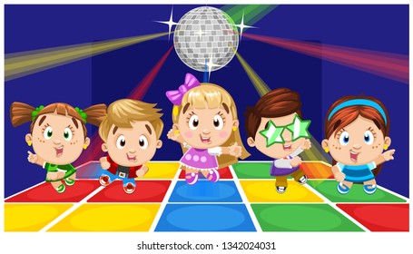 Cute boys and girls dancing, jumping, moving the body, enjoying the rhythm in club with disco ball and colored floor. Cartoon group of joyful children. Concept of happy childhood, leisure.