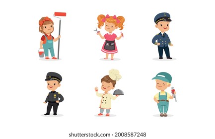 Cute Boys and Girls of Different Professions Set, Painter, Hairdresser, Pilot, Policeman, Cook, Plumber Cartoon Vector Illustration