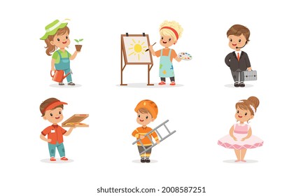 Cute Boys and Girls of Different Professions Set, Farmer, Artist, Businessman, Courier, Firefighter, Ballerina Cartoon Vector Illustration