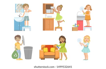 Cute Boys and Girls Doing Different Housework Chores Set, Kids Helping Their Parents with Home Cleaning Vector Illustration