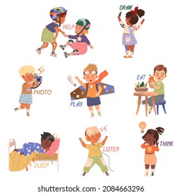 Cute boys and girls doing different activities set. Verbs expressing action, children education concept cartoon vector illustration