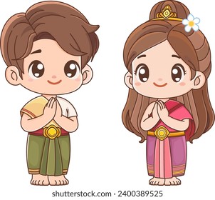 Cute boys and girls dressed in Thai clothes greet "Sawasdee" Thai style by saying "Hello", Sawasdee greeting hello gesture asian culture is friendly, Vector illustration