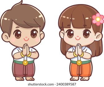 Cute boys and girls dressed in Thai clothes greet "Sawasdee" Thai style by saying "Hello", Sawasdee greeting hello gesture asian culture is friendly, Vector illustration