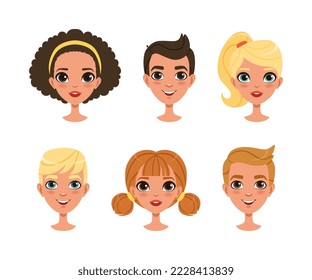 Cute boys and girls faces set. Children characters, constructor for animation cartoon vector illustration