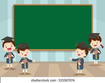 Cute boys and girls graduates with chalkboard.