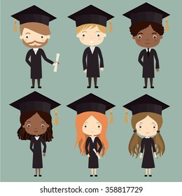 Cute boys and girls graduates. Vector set