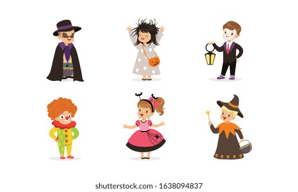 Cute Boys and Girls in Halloween Costumes Collection, Children Celebrating Holidays Wearing as Witch, Princess, Vampire, Clown, Bat Vector Illustration