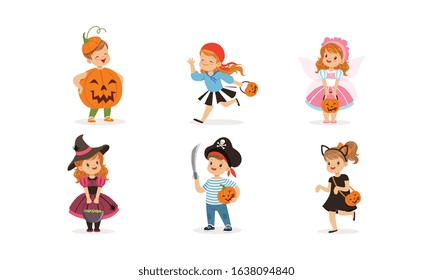 Cute Boys and Girls in Halloween Costumes Collection, Children Celebrating Holidays Wearing as Pumpkin, Witch, Pirate, Butterfly, Cat Vector Illustration