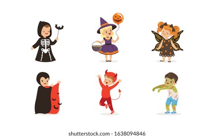 Cute Boys and Girls in Halloween Costumes Collection, Children Celebrating Holidays Wearing as Zombie, Devil, Skeleton, Vampire, Witch Vector Illustration