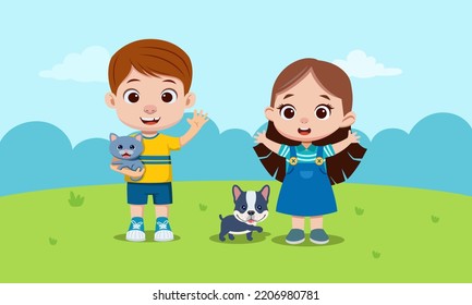 Cute boys and girls are happy with pets, dogs, cats.