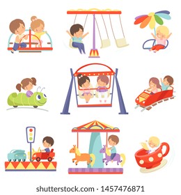 Cute Boys and Girls Having Fun at Carousels and Attractions in Amusement Park Set Vector Illustration