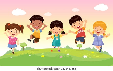 Cute boys and girls jumping with joy and fun on the meadow. Cartoon character vector.