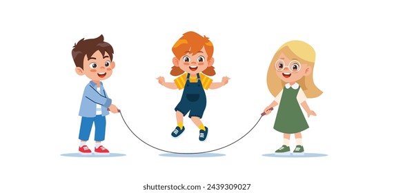 Cute boys and girls play jumping on a rope.