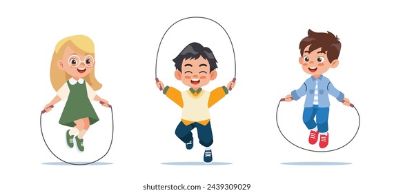 Cute boys and girls play jumping on a rope.