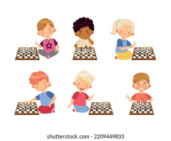 Cute boys and girls playing chess game set cartoon vector illustration