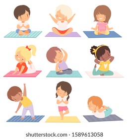 Cute Boys and Girls Practicing Yoga Exercises Collection, Active Healthy Lifestyle Vector Illustration