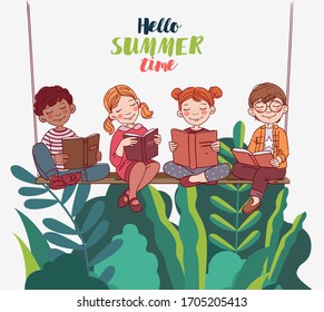 Cute boys and girls reading books in the garden. Nature landscape background. Summer holidays illustration. Vacation time