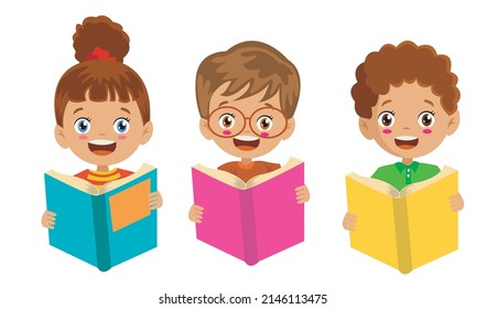 cute boys and girls reading books