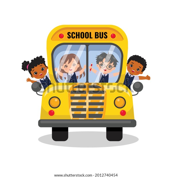 Cute boys and girls riding school\
bus. Back to school concept. Flat vector cartoon\
design