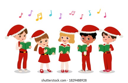 Cute boys and girls in Santa uniform perform Christmas carol. School choir clip art. Flat style cartoon vector isolated on white background. 