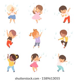 Cute Boys and Girls Singing and Dancing Set, Adorable Children Having Fun and Enjoying Listening to Music Cartoon Vector Illustration