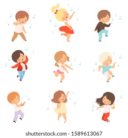 Cute Boys and Girls Singing and Dancing Set, Lovely Kids Enjoying Listening to Music Cartoon Vector Illustration