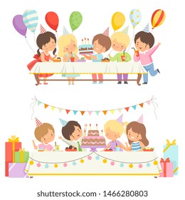 Cute Boys and Girls Sitting at Festive Table with Cake and Balloons Set, Happy Kids at Birthday Party Vector Illustration