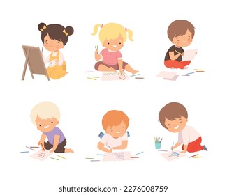Cute boys and girls sitting painting drawings set. Kids creativity education and development cartoon vector illustration