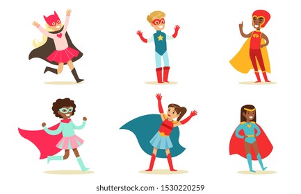 Cute Boys and Girls in Superhero Costumes Set, Kids in Capes and Masks Having Fun at Party Vector Illustration