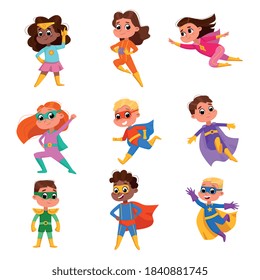 Cute Boys and Girls in Superhero Costumes and Masks Set, Adorable Kids Playing Superhero Cartoon Style Vector Illustration